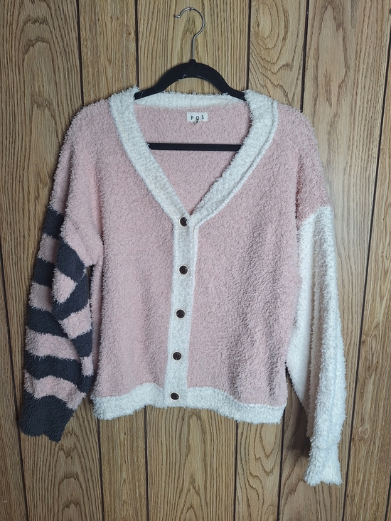 POL Sweaters - POL Pink and Cream Button-Front Cardigan with Striped Sleeve Size Small